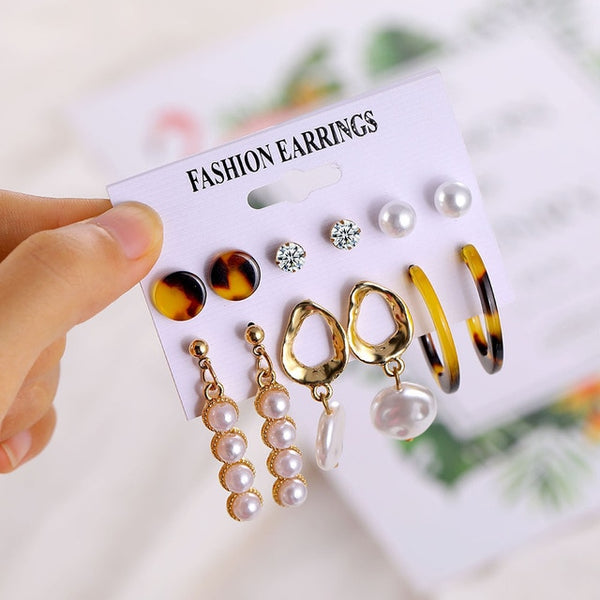 Vintage Pearl Twist Big Circle Earrings Set for Women Fashion Geometric Imitation Pearl Crystal Earrings Jewelry