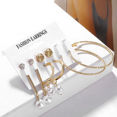 Vintage Pearl Twist Big Circle Earrings Set for Women Fashion Geometric Imitation Pearl Crystal Earrings Jewelry